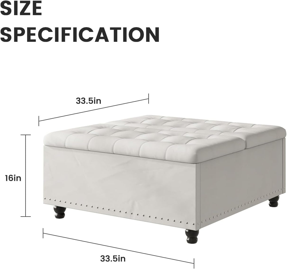 FUXA 35" Large Square Ottoman with Storage and Lift Top, Wood Legs, Beig...