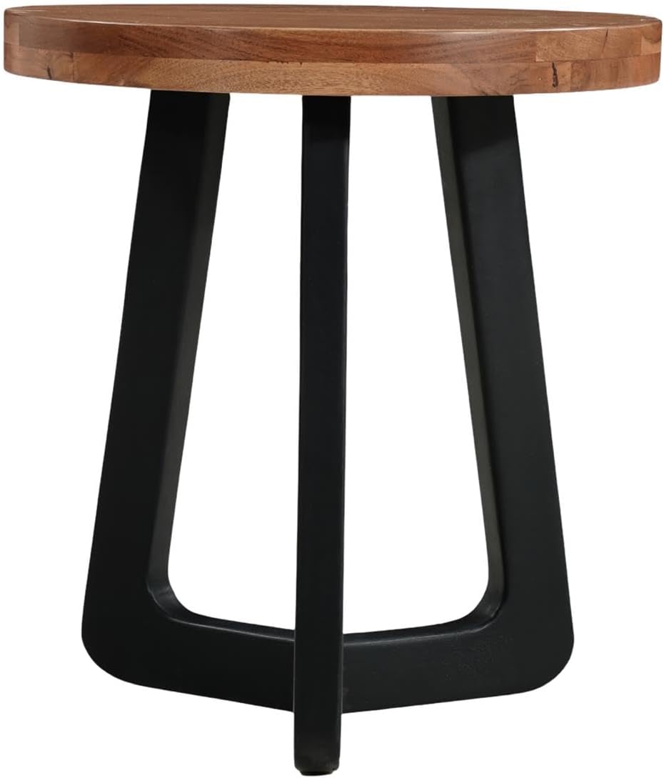 Mason Round Solid Wood End Table with Brown Top and Black Metal Base