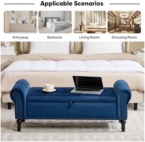 Storage Bench for Bedroom, 51" Upholstered End of Bed Bench, Velvet Quee...
