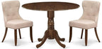 East West Furniture DLSI3-AWA-04 3 Piece Dining Set Contains a Round Kitchen Table with Dropleaf and 2 Upholstered Parson Chairs, 42x42 Inch, Antique Walnut
