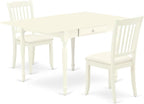 East West Furniture MZDA3-LWH-C 3 Piece Dining Room Table Set Contains a Rectangle Kitchen Table with Dropleaf and 2 Linen Fabric Upholstered Dining Chairs, 36x54 Inch, Linen White