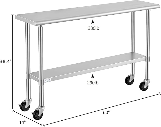 ROCKPOINT Stainless Steel Table for Prep & Work with Caster Wheels 14x60 Inches, NSF Metal Commercial Kitchen Heavy Duty Table with Adjustable Under Shelf and Table Foot for Restaurant, Home and Hotel