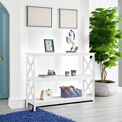 Yaheetech 42"L White Console Table 3-Tier Narrow X-Frame Open Storage Sh...