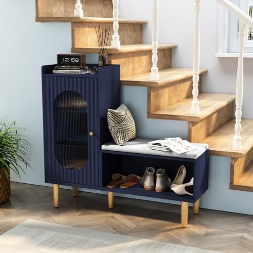 HLR Shoe Storage Bench with Glass Door&Shelf, L-Shaped Shoe Cabinet, Blue...