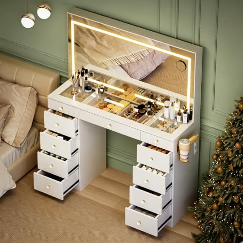11 Drawers Glass Top Vanity Desk, Crystal Handles Makeup Vanity with Mirror a...