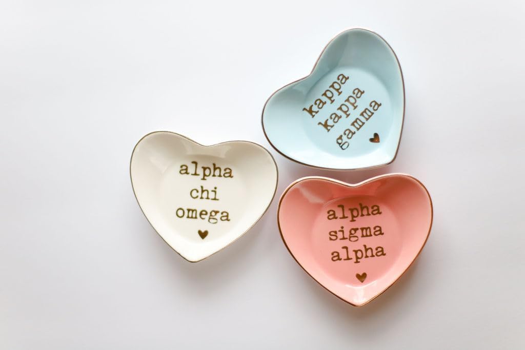 Alpha Delta Pi Jewelry Dish, Heart-Shaped High-Gloss Finish Ceramic Tray with Gold Detailing, Multi-Function Ceramic Ring Dish for Home or Office, Ideal for Jewelry and Keys (Pack of 2)