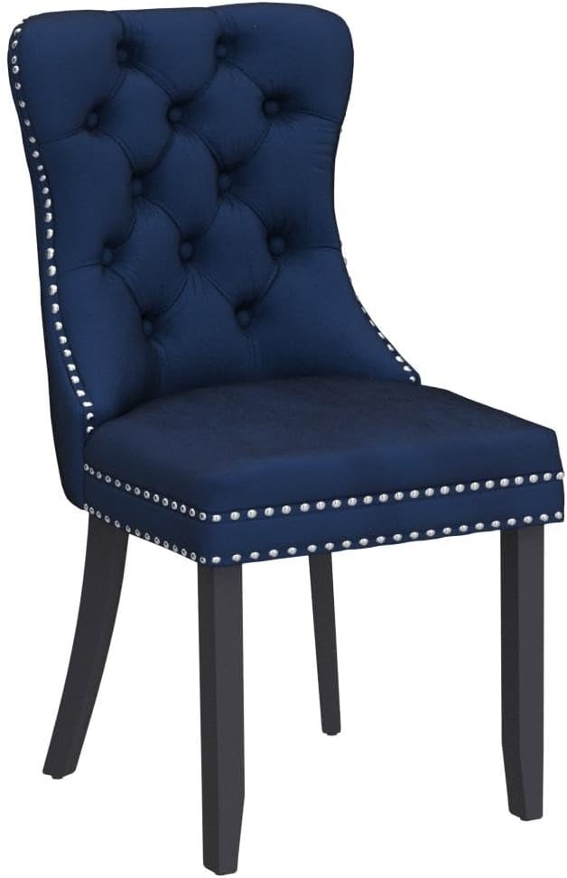 KCC Velvet Dining Chairs Set of 2, Upholstered High-end Tufted Dining Room Chair with Nailhead Back Ring Pull Trim Solid Wood Legs, Nikki Collection Modern Style for Kitchen, Blue