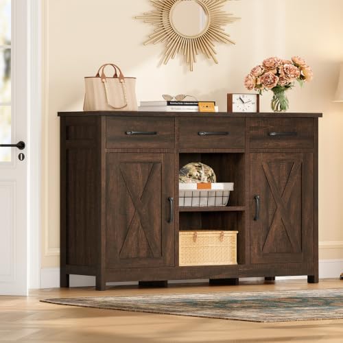 TEENFON Coffee Bar Cabinet with 3 Drawers, Farmhouse Buffet Cabinet