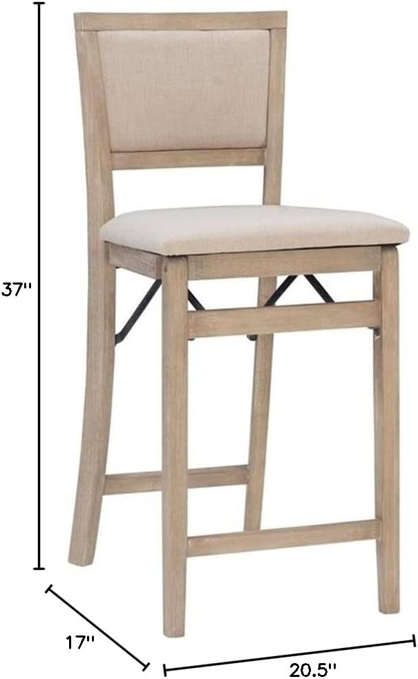 Pemberly Row Folding Counter Stool, Solid Wood Construction, Graywash Finish, Fabric Padded Back and Seat, 37 in Tall, 17 x 20 in Dimensions, Fully Assembled, Easy Storage, Extra Seating for Kitchen