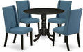 East West Furniture DLFL5-ABK-21 5 Piece Dining Room Table Set Includes a Round Dining Table with Dropleaf and 4 Blue Linen Fabric Upholstered Parson Chairs, 42x42 Inch, Wirebrushed Black