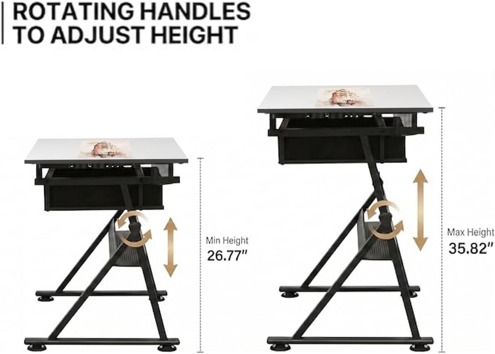 Adjustable Drawing Table with Stool, 2 Drawer Drafting Desk for Artists, Tilt...