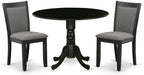 East West Furniture DLMZ3-AB6-50 3 Piece Dining Table Set Contains a Round Dining Room Table with Dropleaf and 2 Dark Gotham Grey Linen Fabric Upholstered Chairs, 42x42 Inch, Wirebrushed Black