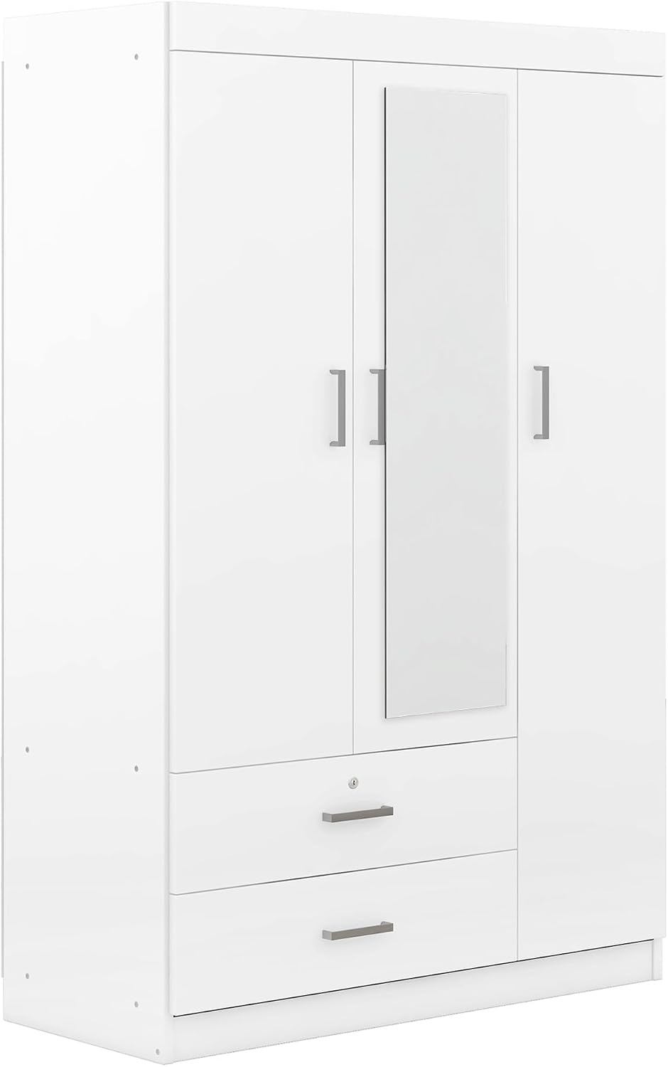 3 Doors Wardrobe Armoire Closet with Mirror, 68.2" H Wooden Freestanding Armoire Wardrobe Closet with Locking Drawers and Shelves, Bedroom Clothes Closets Wardrobes Cabinet with Hanging Rod, White