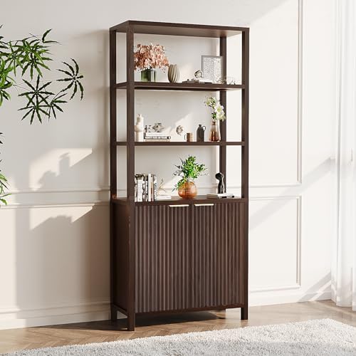 VINGLI Bookcase with Fluted Doors, 71" Wood Storage Cabinet with Adjusta...