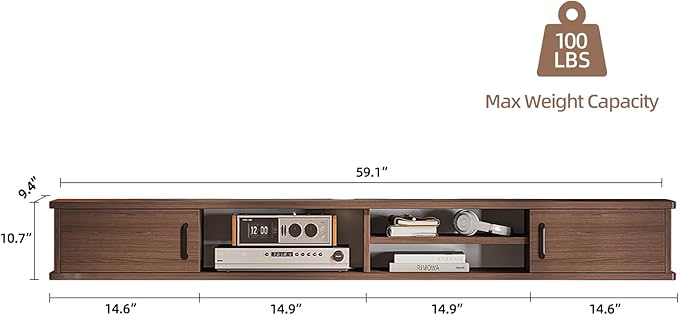 FurniNova Floating TV Stand,59'' Wall Mounted TV Console,Floating TV Shelf,Wall TV Cabinet,Floating Entertainment Shelf,Walnut