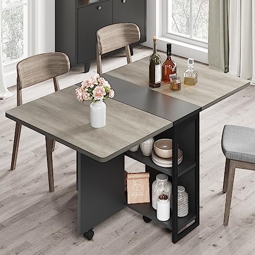 IDEALHOUSE FoldingTable, Drop Leaf Dining Table with 6 Wheels and 2-Layer Sto...