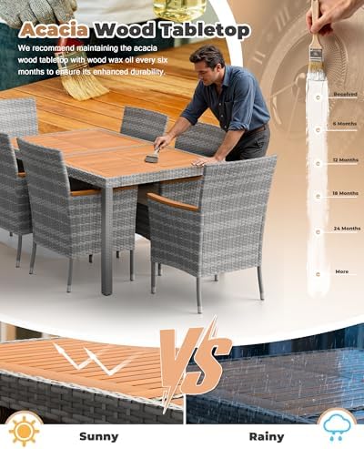 Flamaker Patio Dining Set for 6 Outdoor Acacia Wood Table and Chairs, Gray