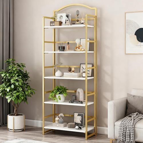 JSB 5 Tier No Assembly Folding Bookshelf, Arched Bookshelf, Foldable Bookcase...