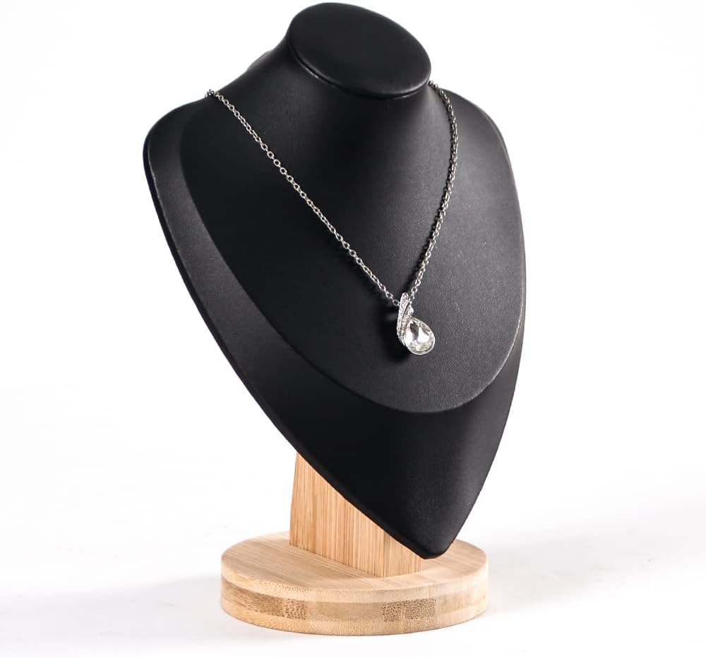 Coward 3D PU Leather Necklace Display Bamboo Chain Jewelry Model Bust Stand(black pu, 9.2")