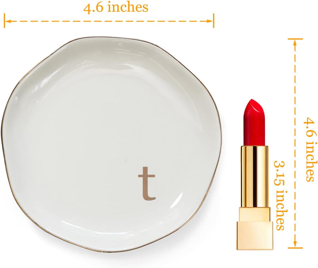 HOME SMILE Initials Ring Dish Jewery Tray with Personalized T-Monogrammed Engagement Wedding Gifts for Friends,Sister,Birthday Christmas Gifts for Women,Ceramic White