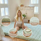 Green Gingham Japanese Floor Mattress, Queen Size 60" x 80", 3.5" Thick | High Density Foam Futon Mattress, Foldable Tatami Sleeping Pad, Farmhouse Style Roll Up Floor Bed for Dorm Guest Room