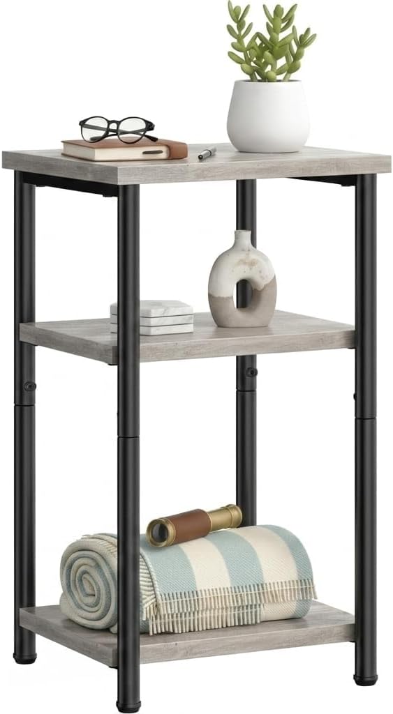 3 Tier End Table for Small Space, Modern Oak Grey Side Table with Metal Frame...