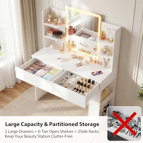 Furmax Vanity Desk with Mirror and LED Lights, White with Bench | Makeup Vani...