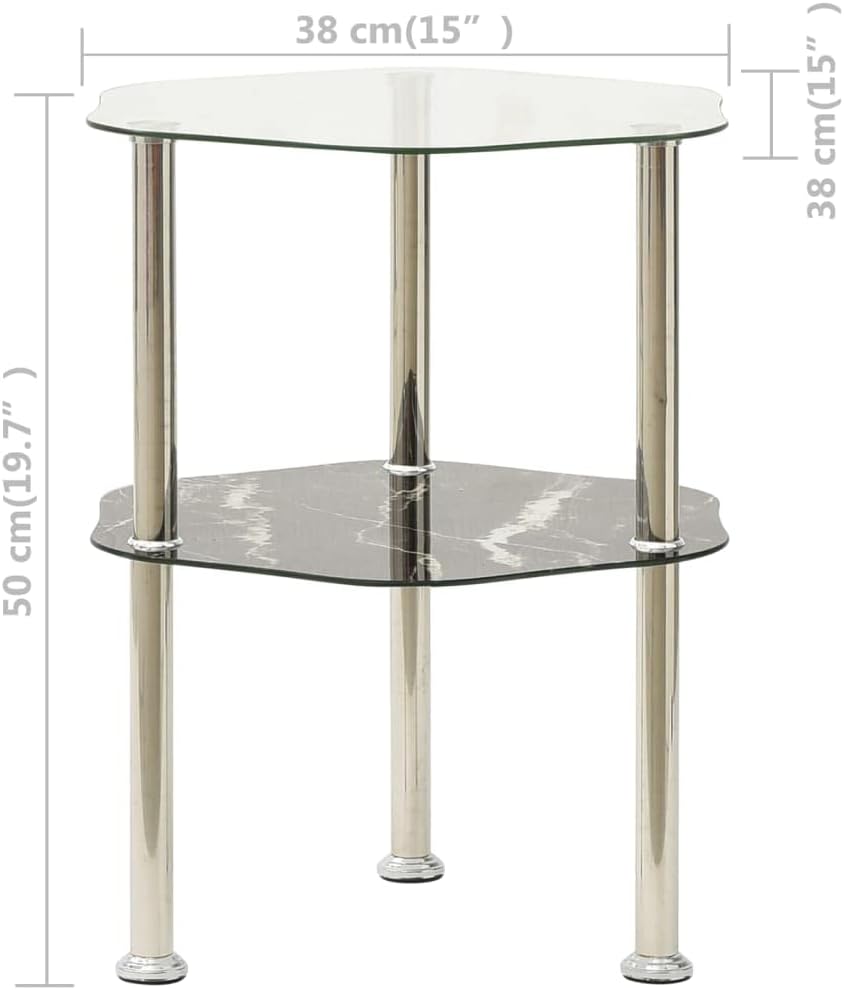 2-Tier Side Table Transparent Black 15x15x19.7 Inch Tempered Glass | Stainles...