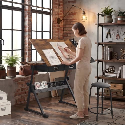 Adjustable Drawing Table with 2 Drawers & Stool, for Art & Work