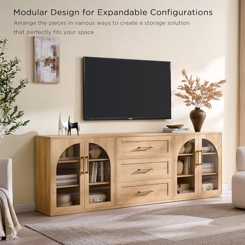 ACCOHOHO Glass Arched Door Sideboard Buffet Cabinet Set of 2, Natural Oak