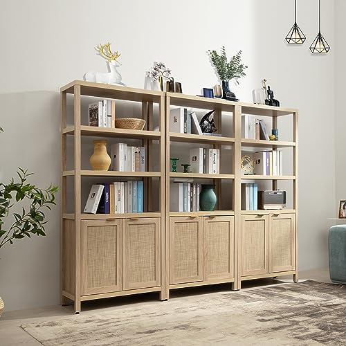 SICOTAS 71" Tall Rattan Bookshelf with Doors for Living Room Library
