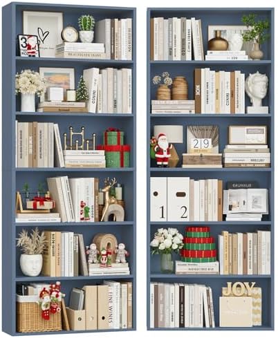 FOTOSOK 6 Tier Tall Bookshelf and Bookcase, Open Display Shelves, Blue 2PK