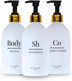 Shampoo Conditioner Body Wash Dispenser Set - Refillable Matte Plastic Cylindrical Bottles, 16.9 oz Pump Containers, Minimalist Bathroom Organization, Pack of 3, [White-Gold]