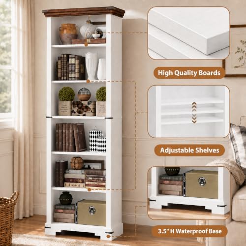 6-Tier Farmhouse Bookshelf, 73 inch Tall Bookcase with 2 Adjustable Shelves, ...