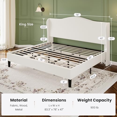 HA CERLIN King Size Bed Frame with Curved Wingback Headboard,Soft White