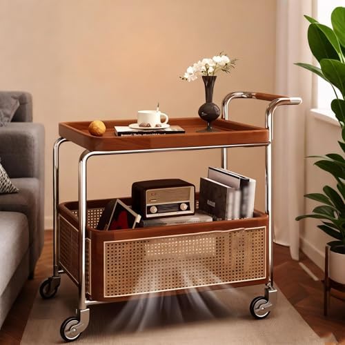 Brown Wood Rolling Side Table - 2-Tier Multi-Functional Utility Cart with Rat...