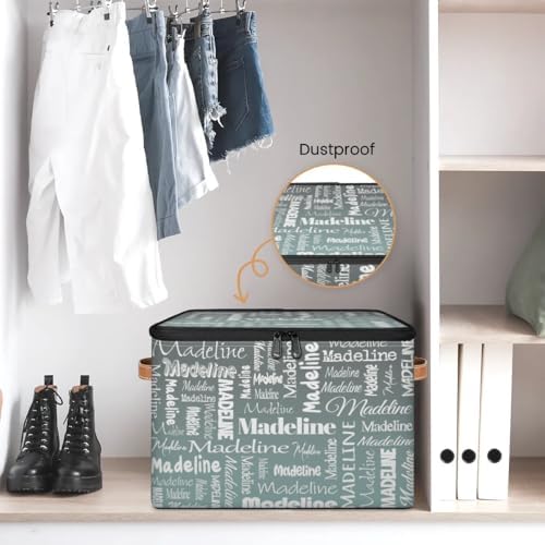 Personalized Name Storage Basket, Custom Keepsake Box, Grey Green | Foldable Fabric Gradient Large Memory Bin with Handle Lid Lightweight Waterproof Dustproof, 14"L x 10.2"W x 10.4"H