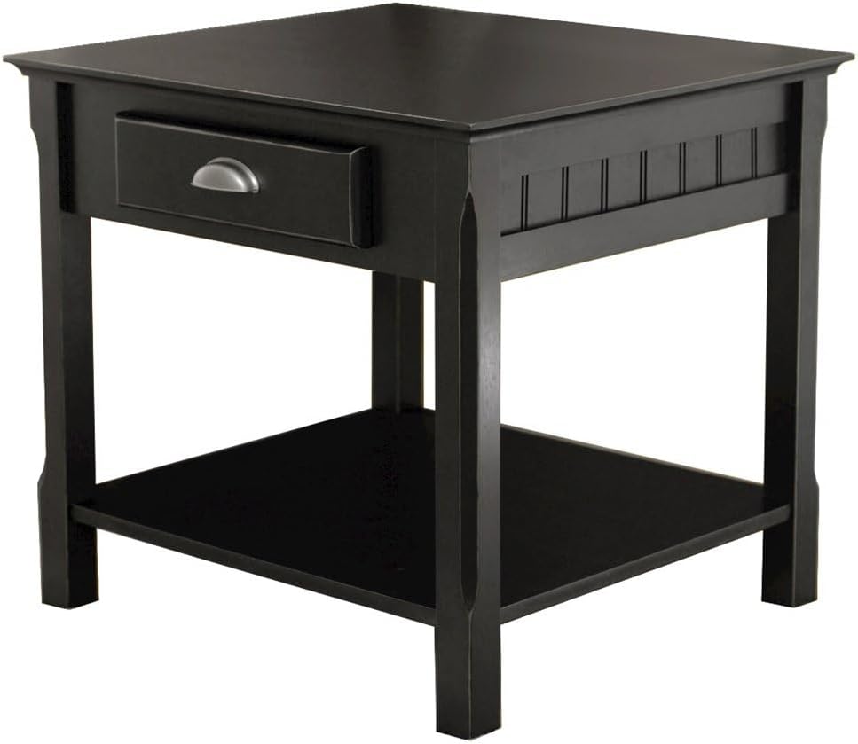 Furnifact Black End Table, Side Table with Drawer and Open Storage Shelf, Squ...