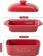 FE Butter Dish, 10 oz Ceramic Butter Keeper with Water Line, French Butter Dish with Lid for Countertop (Apple Red)