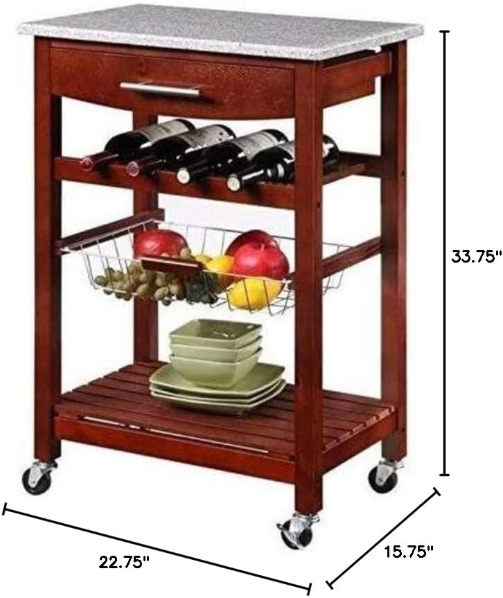 HomeStock Kitchen Island Cart with Granite Top - Rolling Kitchen Island Modern Kitchen Storage, Elegant Wooden Cart