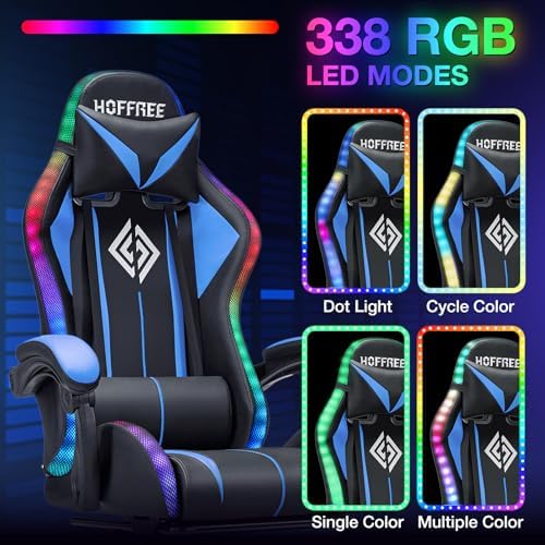 RGB Gaming Chair with Bluetooth Speakers and LED Lights Computer Chair-Blue |...