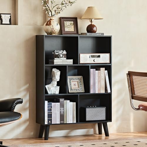 LEYAOYAO Cube Bookshelf, Mid-Century Modern Book Shelf with Legs, Black
