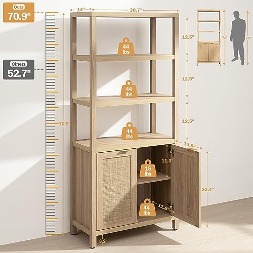 SICOTAS 71" Tall Rattan Bookshelf with Doors for Living Room Library