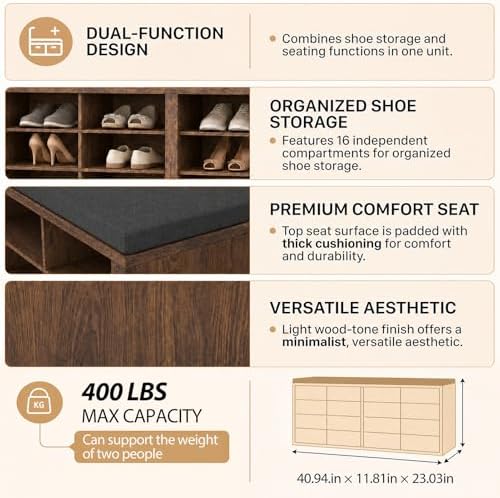 Shoe Rack Bench, Shoe Storage Bench with Cushion, Shoe Organizer 16 Cubbies f...