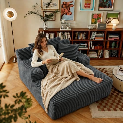 67" Chaise Lounge Chair Indoor, Upholstered Reading Chair Oversized Bone...