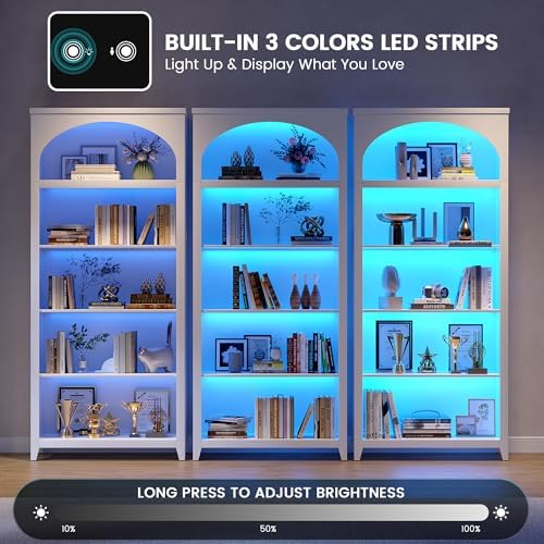 Arched Bookshelf with LED Lights, 70" White Bookcase for Bedroom