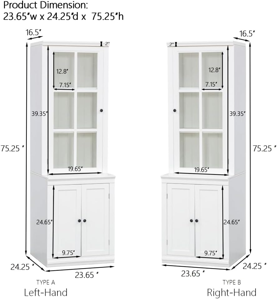 Farmhouse Pantry Cabinet with Glass Door–Freestanding Display Hutch with Stor...