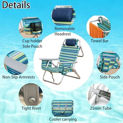 Aluminum Backpack Low Profile Beach Chair - 5-Position Lay Flat Reclining Fol...