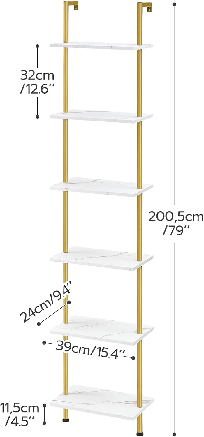 HOOBRO DIY Ladder Shelf, 6-Tier Wooden Wall Mounted Bookshelf, Narrow Gold Bo...
