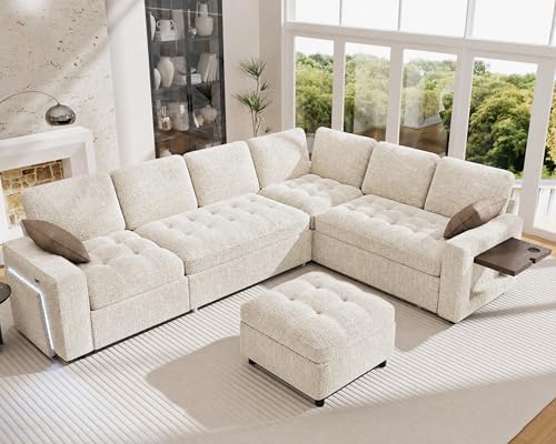 Vipbear 7 Seat L Shaped Modular Sectional Sleeper Sofa Bed with Ottoman/Pull ...